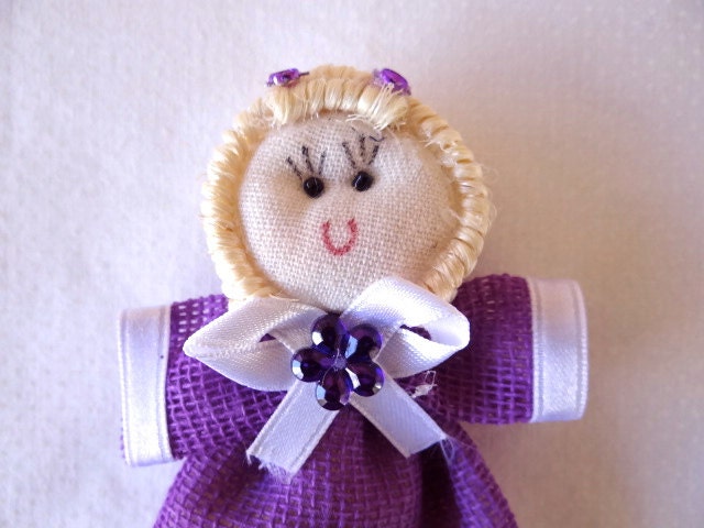 Purple doll ,use as Centerpiece, Cupcake toper , puppet, favor. Kids party, Baptism, Confirmation, Christmas, 1st communion, Sweet 16