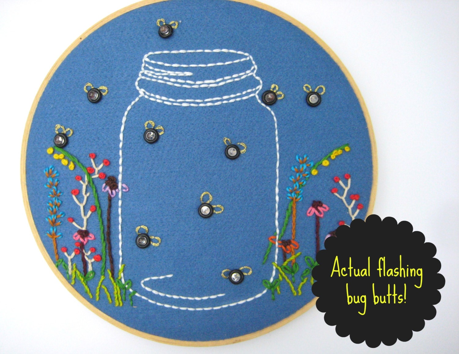 ORIGINAL EMBROIDERY ART -  Hand stitched Nightlight / Textile Hanging of Fireflies in a Mason Jar.  Fibre Art Decor on Blue Felt