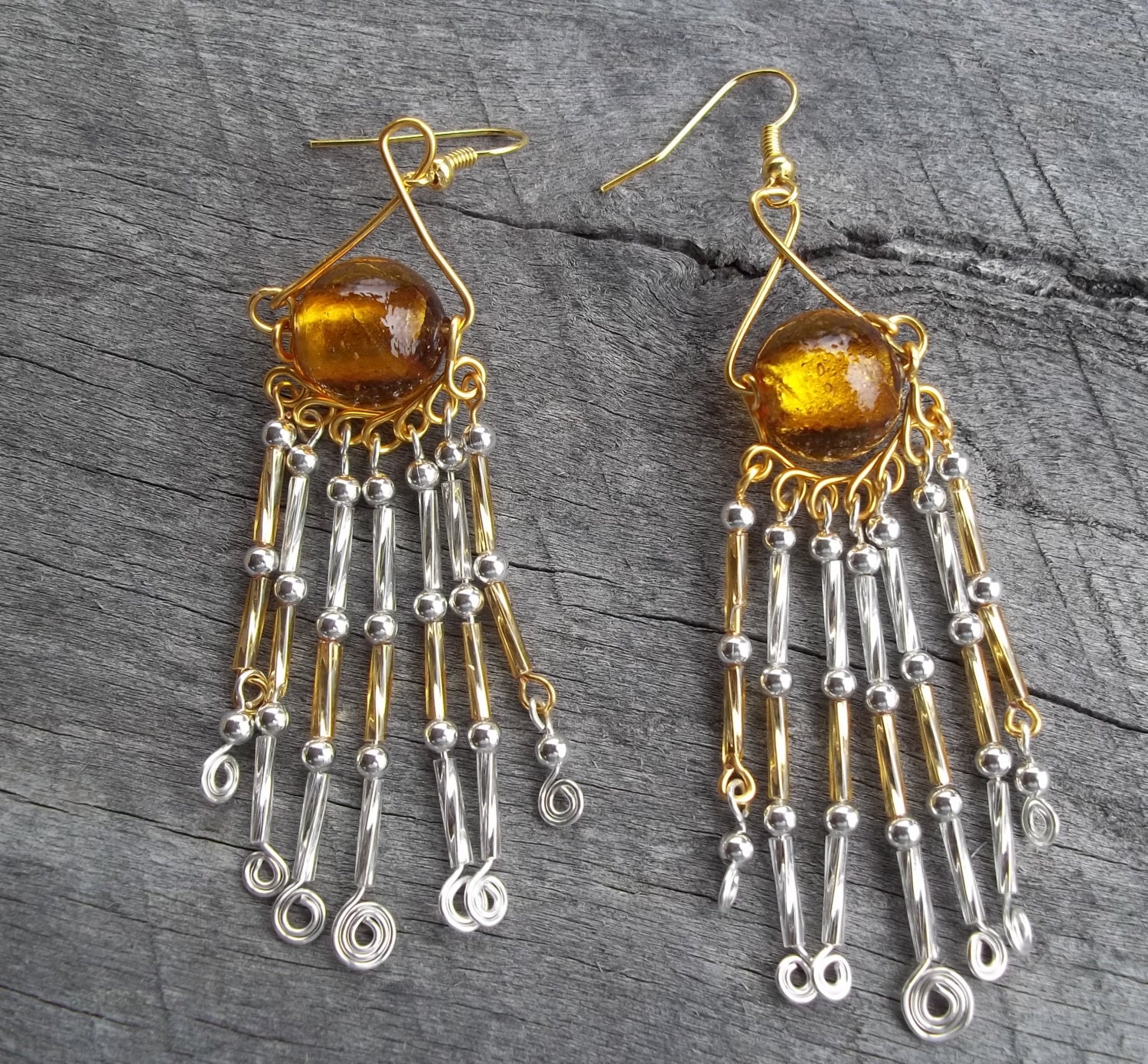 Sale: Gold Hand Made Glass Earring Jewelry Hypoallergenic Surgical Steel Wires