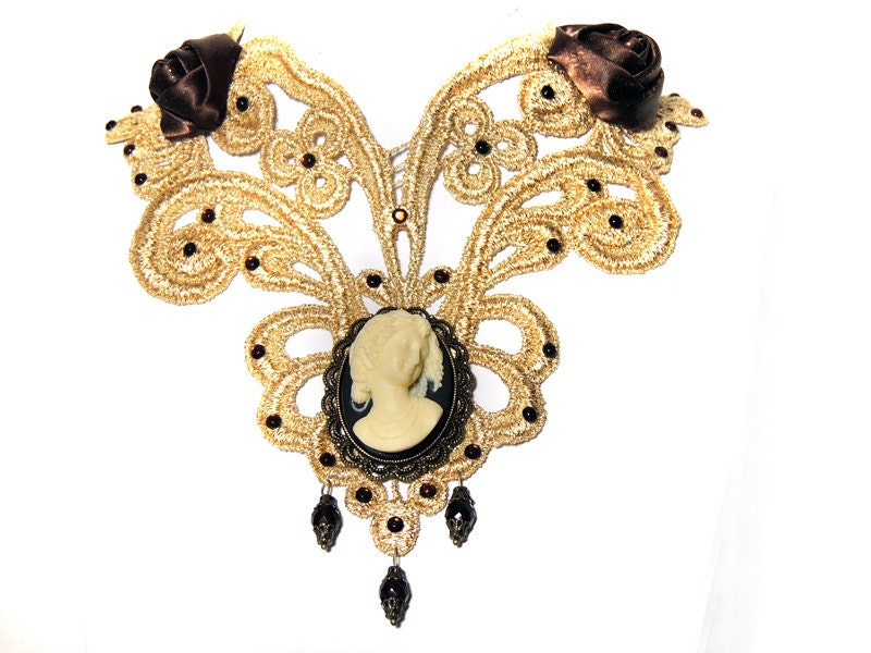 Steampunk Vintage collar an antique gold and brass with cameo Baroque victorian