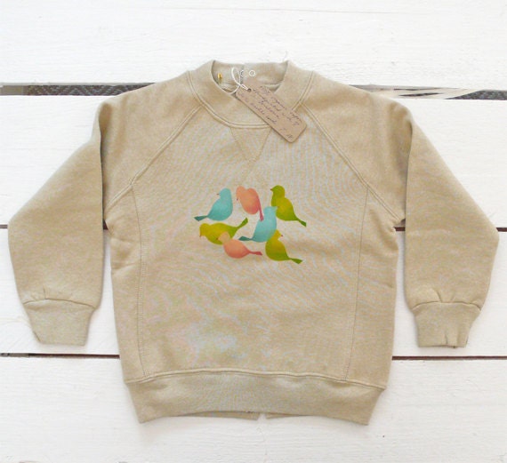 Tropical birds handprinted on organic cotton baby sweater