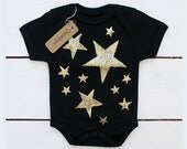 Stars on black - Handprinted organic baby bodysuit