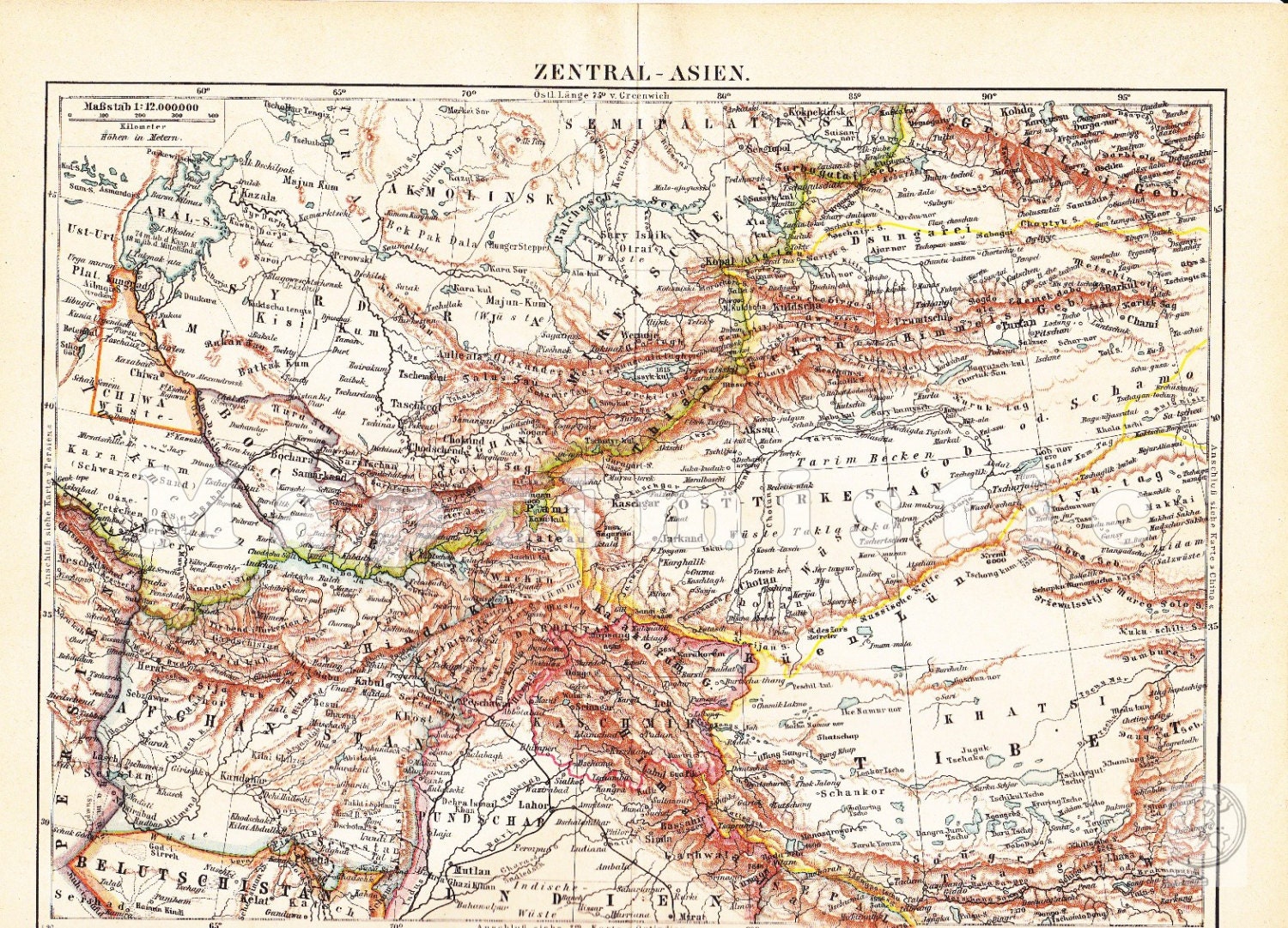 1890 Central Asia with Tibet, East-Turkestan, Afghanistan and North India in the 19th Century Dated Antique Map