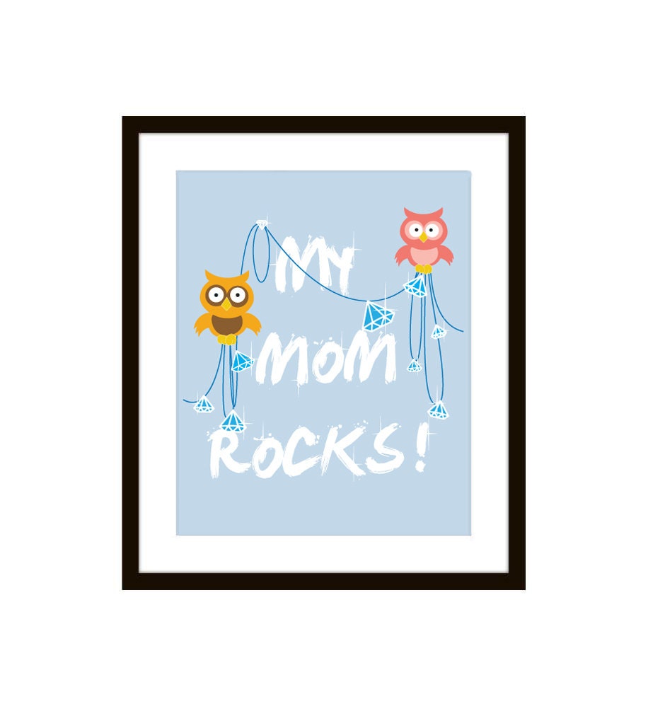 My Mom Rocks - Mother's Day Typography Digital Modern Owl Illustration Art Print 8x10