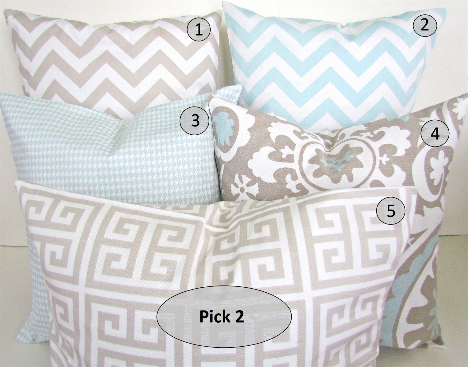 DECORATIVE PILLOWS Set Pick 2 -  TAN 14x14 Light Blue Decorative Throw Pillows 14 x 14 baby blue Pillow Covers