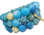 Gold Feather Charm Beaded Bracelet with Blue Druzy Drusy Agate Gemstone Beads and Pave Rhinestone Bead