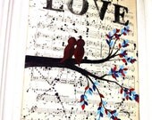 Unique Engagement Gift - Vintage Music Sheet Painting of Love Birds In A Tree  - Unique First Anniversary Gift, Paper Gift, wedding gift