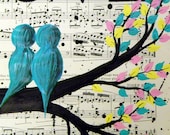 Unique Engagement Gift - 12 x 16 Vintage Music Sheet Painting On Canvas -  Love Birds In A Tree Handmade Acrylic Painting - Wedding Gift