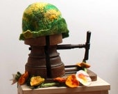 Forest Moss Green Wet Felted Hat Free Form Cloche Spring Winter Fashion OOAK Camouflage Spring Grass Yellow Warm Wool Silk  Ireland