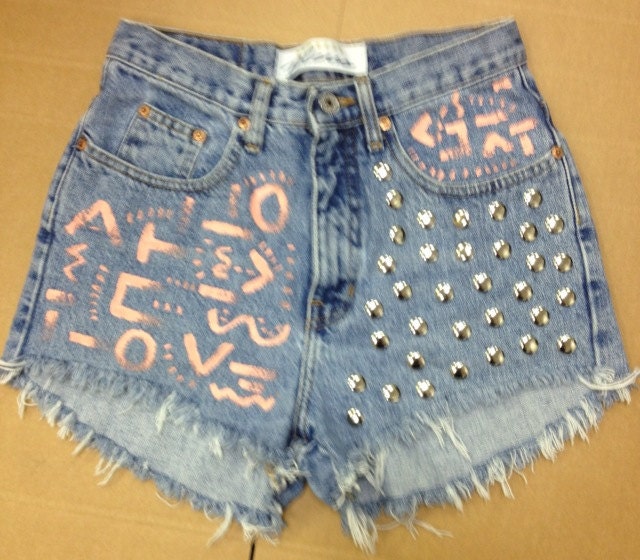 Custom High Waisted Waist Shorts Vintage Denim Ombre Tye Dye Stud Studded Ripped Bleached American Flag Floral Fringe Aztec Tribal Painted