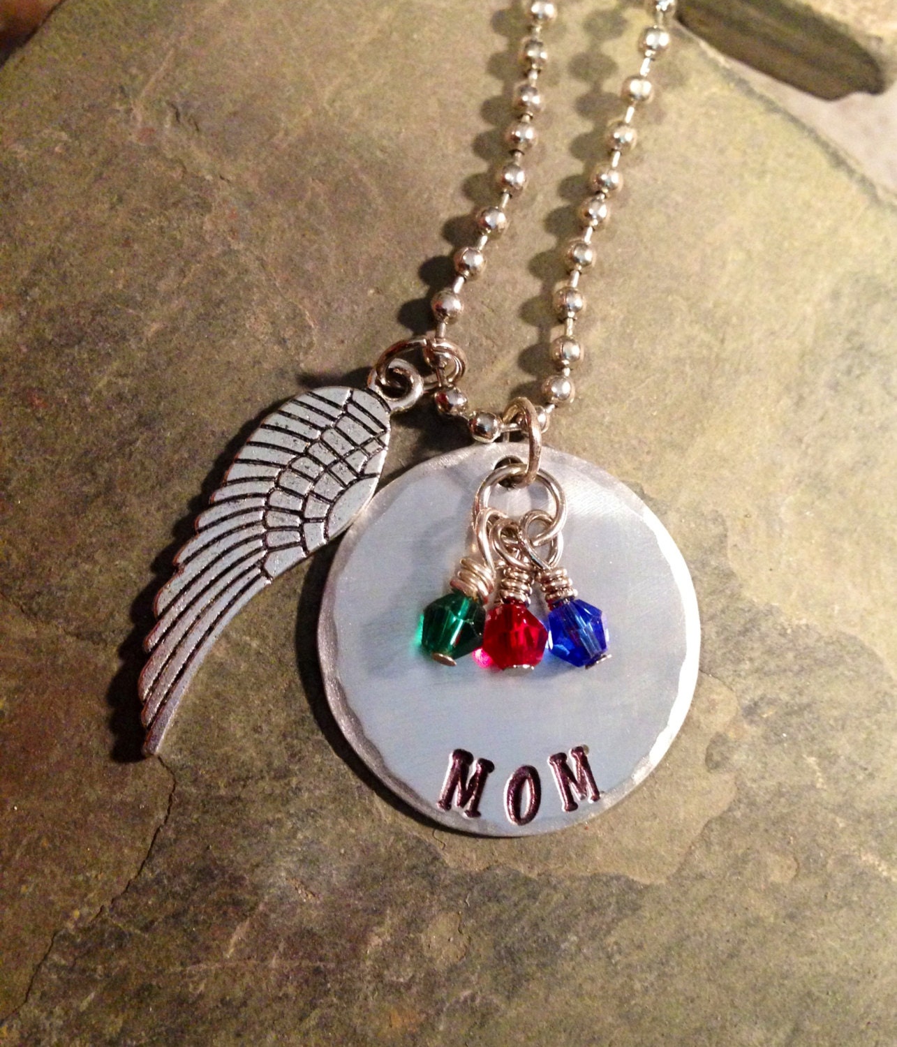 Mother's Day Necklace MOM Hand Stamped 3 Swarovski Birthstone Crystals Angel Wing Charm Memory Necklace Personalized Crafted Metal Jewelry
