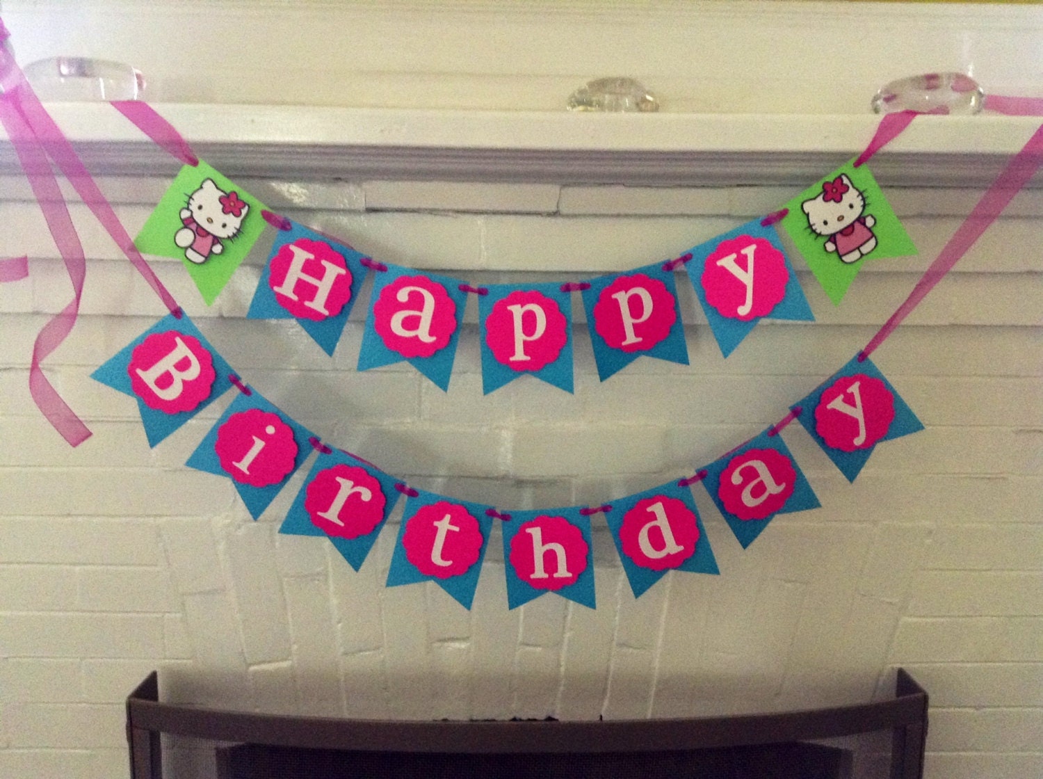 Pink and Turquiose Birthday Banner with Child's Name, Hello Kitty Theme