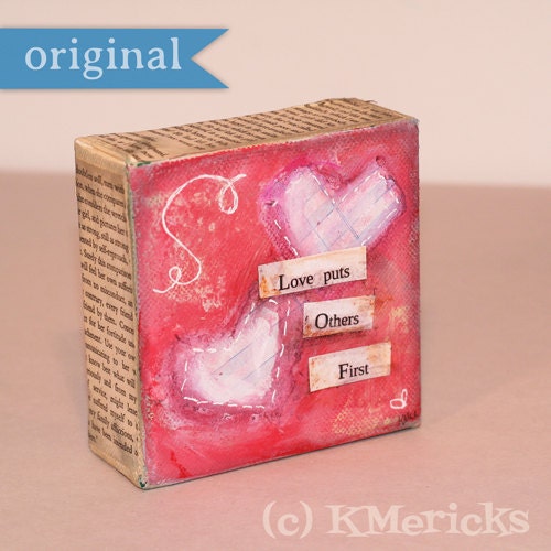 red heart art, Christian artwork, gifts of love, contemporary wall art, original collage art, small canvas