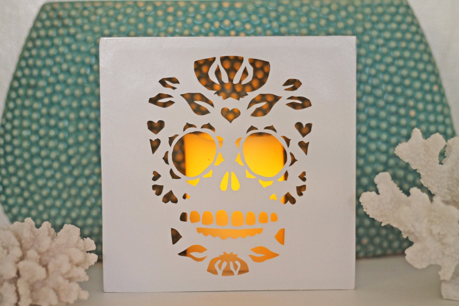 Day Of the Dead Sugar Skull Luminary Cut Paper Wall or Table Art White Tulip Medium