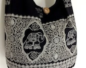 Handmade Cotton  Elephant Printed  Hippie  Hobo bag Boho bag Shoulder bag Sling bag Messenger bag Crossbody Purse -black