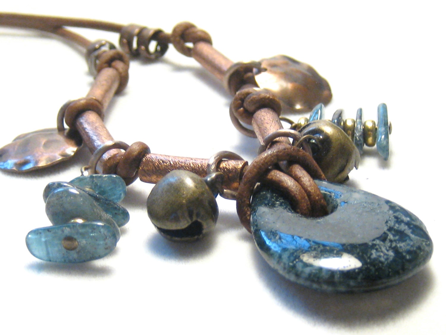 Gypsy Boho Blue Dumortierite Kyanite Leather Necklace Bohemian Jewelry
