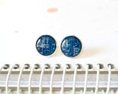 blue earrings, geeky earrings, back to school, tiny earrings, electronic, blue post earrings, motherboard, circle