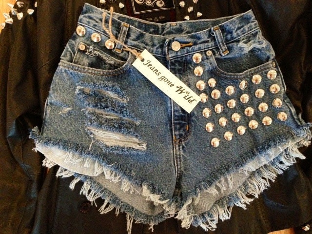 High waist destroyed denim shorts super frayed and studs size Sm/Med