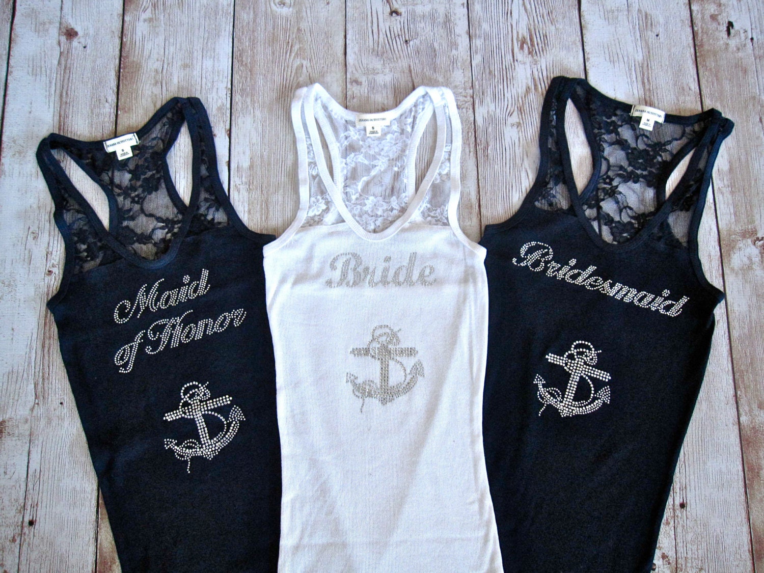 3 Nautical Bridesmaid Tank Top Shirt. Half Lace. Bride, Maid of Honor, Matron of Honor. Destination Beach Wedding. Navy Blue, White