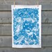 Organic cotton Tea towel, hand-printed in turquoise blue, eco-friendly.