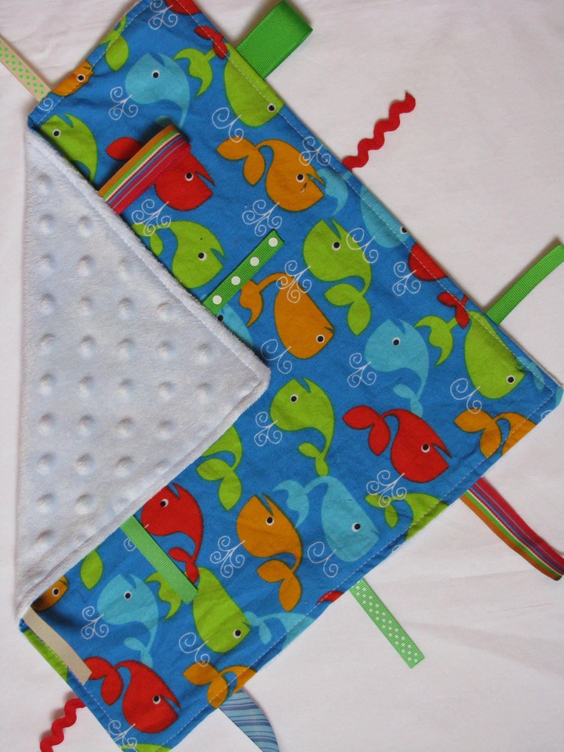 Whale Baby Boy Tag Blanket/Lovey/Tab Blanket/Minky Dot/Blue/Security Blanket/Sensory Blanket/Toy/Ribbon Blanket/Baby Blanket
