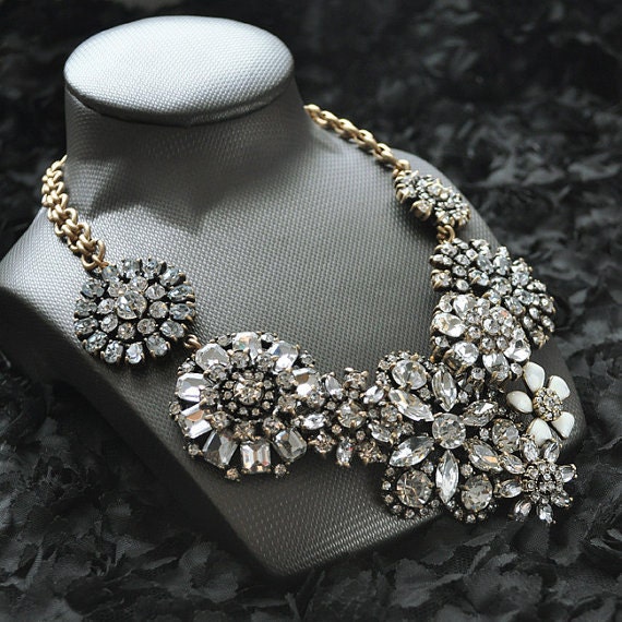 2013 Clear Crystal Flower Lattice GEM Stone Wedding Party Statement Beaded Bubble Bib Necklace