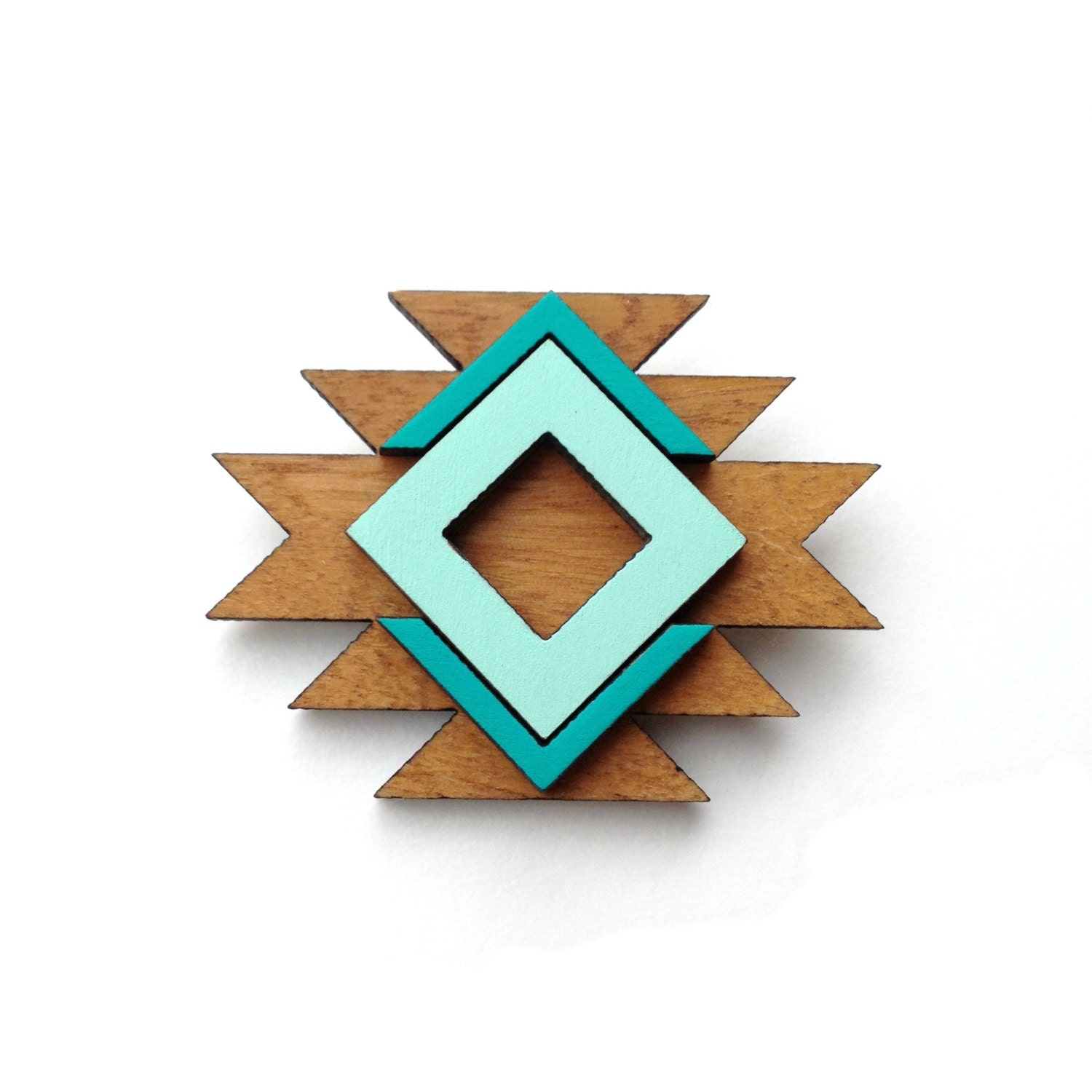 Tribal geometric wood brooch in mint and emerald inspired by Native American navajo textiles