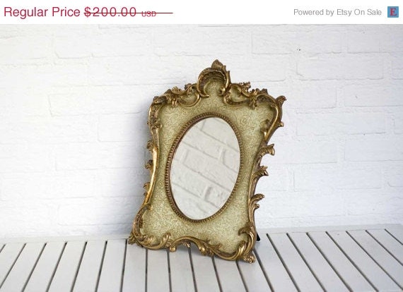 ON SALE Stunning Vintage 1930s Ornate Mirror set in Wooden Frame painted Soft Green and Gold with Bird Design