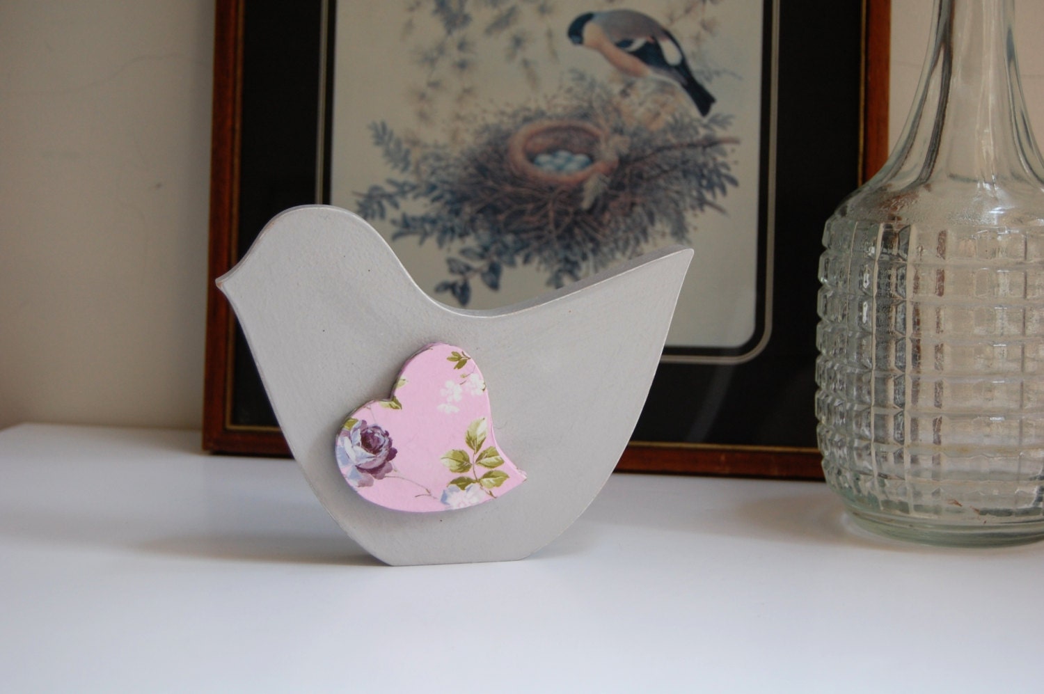 Pearl grey stand alone wooden bird