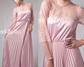 Vintage 70s Romantic Mauve Pink Lace pleated Maxi Dress - S