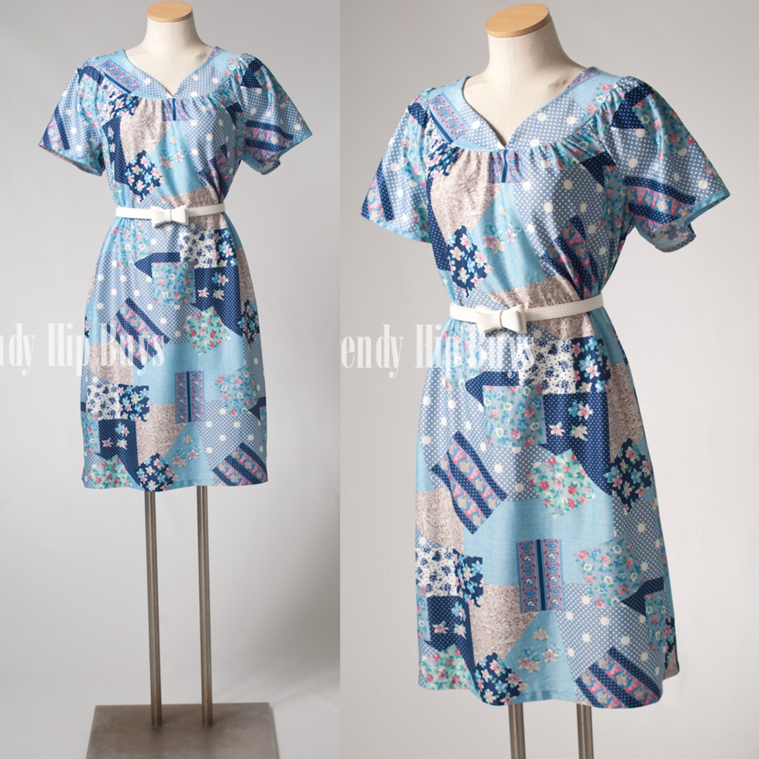 Vintage 60s 70s Blue Pink polka dot Abstract Floral Summer House Dress - L/XL/1XL