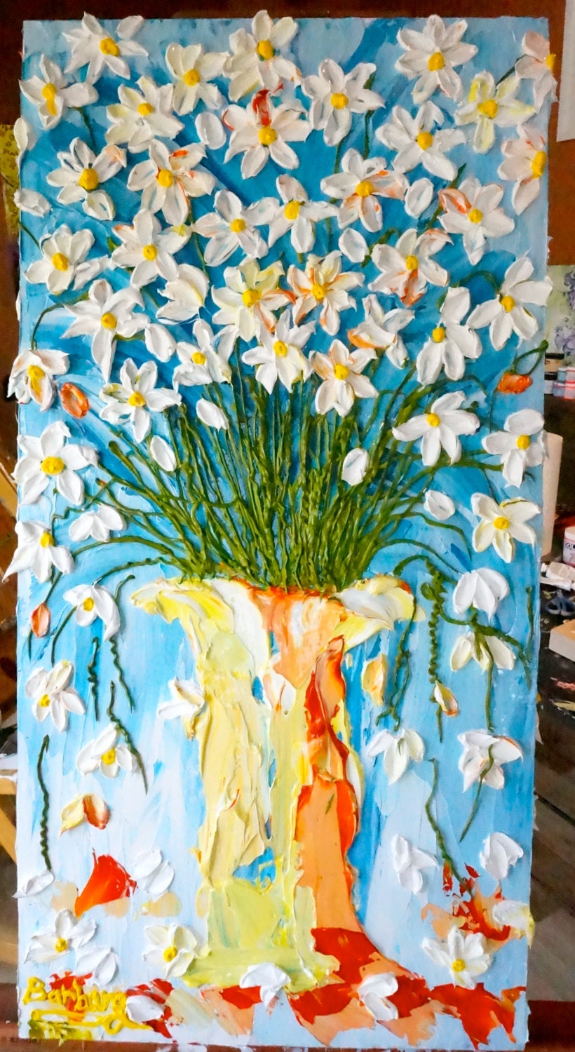 April Showers - Floral Impasto Painting with Bouquet of Daisies