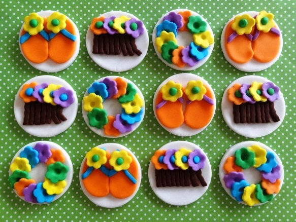 12 Fondant Edible Cupcake/Cookie Toppers - Luau Hula Hawaiian Theme