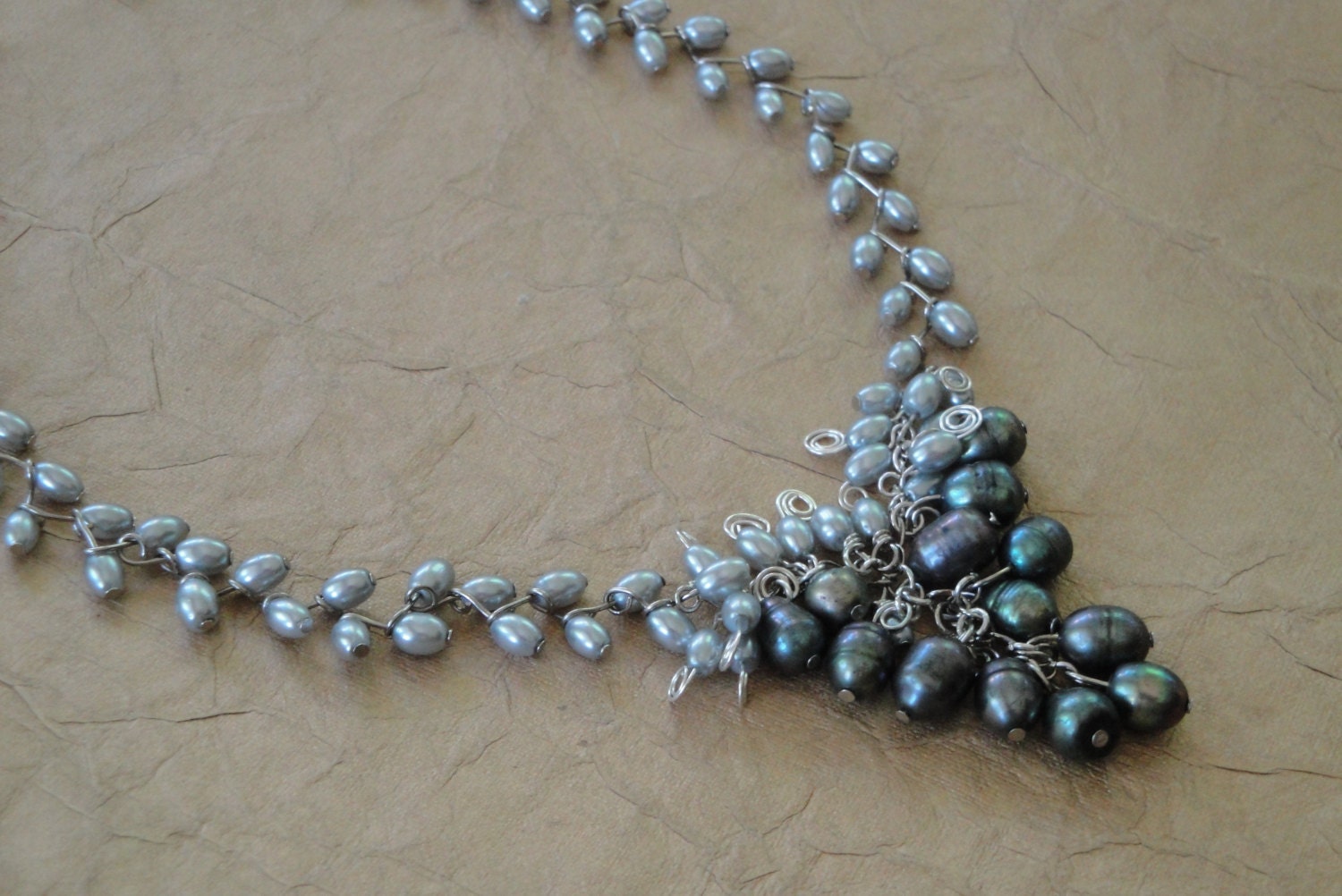 Statement Pearl Necklace, Mother of the Bride Necklace, Light Gray Glass Pearls, Peacock Gray Irridescent Freshwater Cultured Pearls