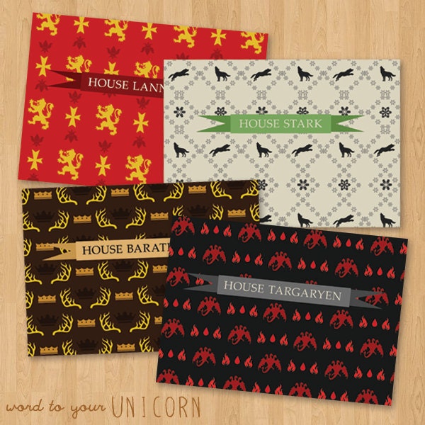 Game of Thrones House Inspired Stationery Set - 4 Notecards