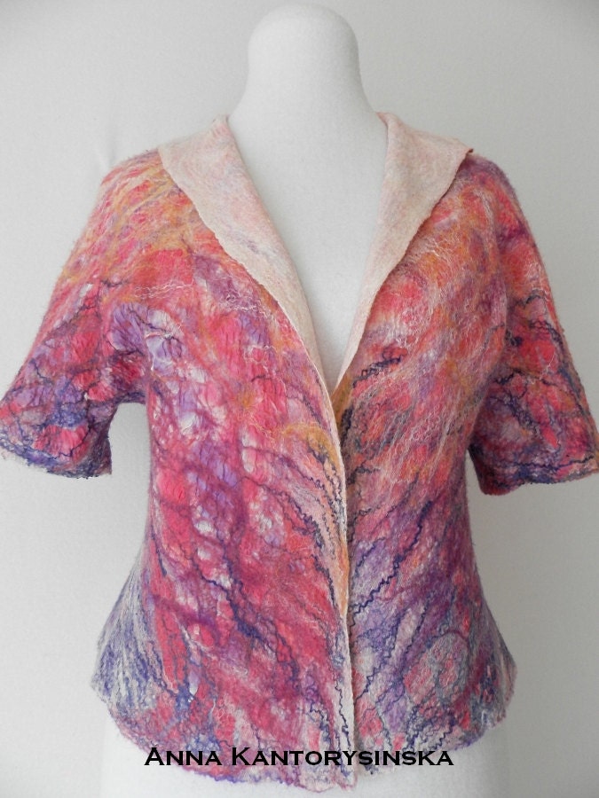 nuno felted silk jacket VANILA SKY handmade art to wear, wool, silk, silk fibers, eco fashion by Kantorysinska