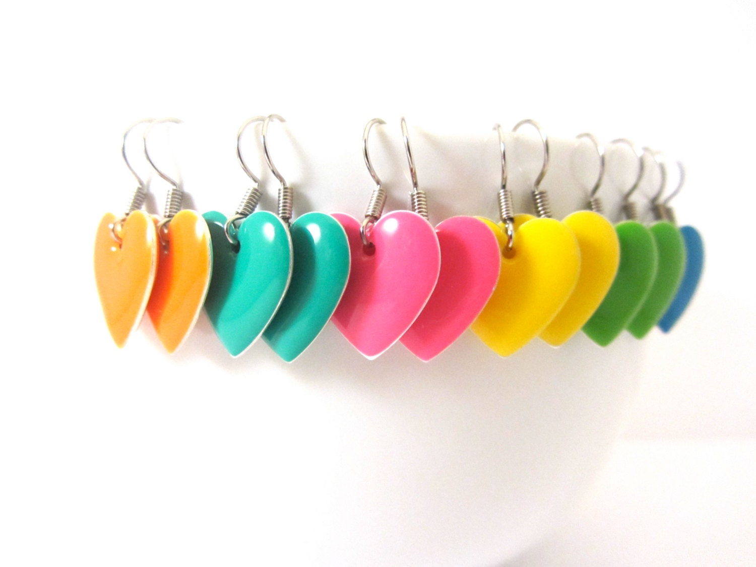 Heart Dangle Earrings, Enamel Heart Earrings, Pink, Yellow, Green, Orange, Blue and Turquoise, Pick One