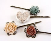 Flower & Heart Button Bobby Pins - Set of 4