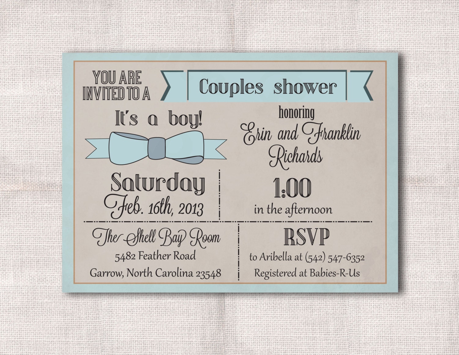5x7 Baby Bow Couples Shower Custom Printable Invitation