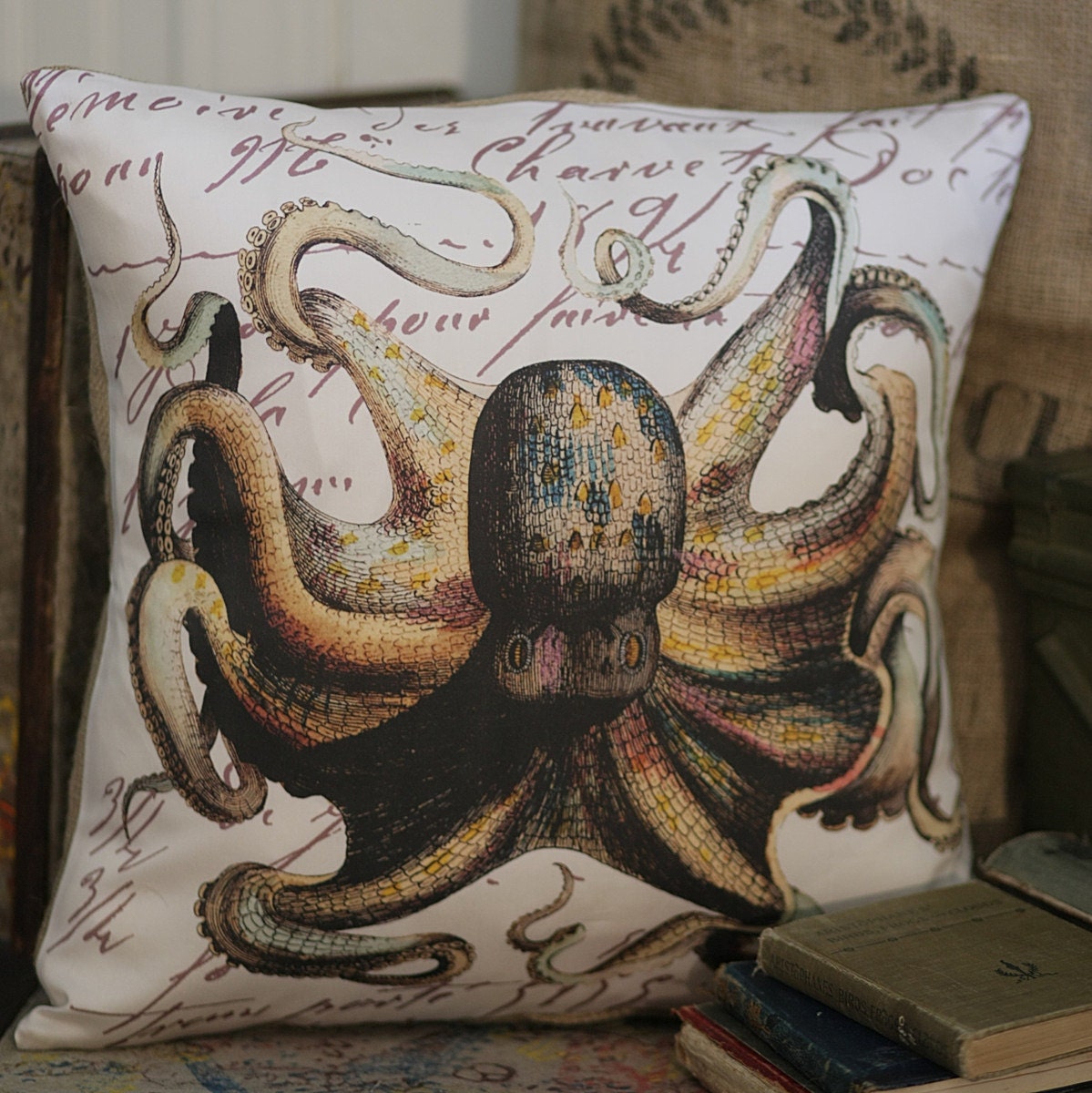 Vintage French Octopus Postal Document Burlap Organic Cotton Throw Pillow Cover - Ships FREE to US and Canada