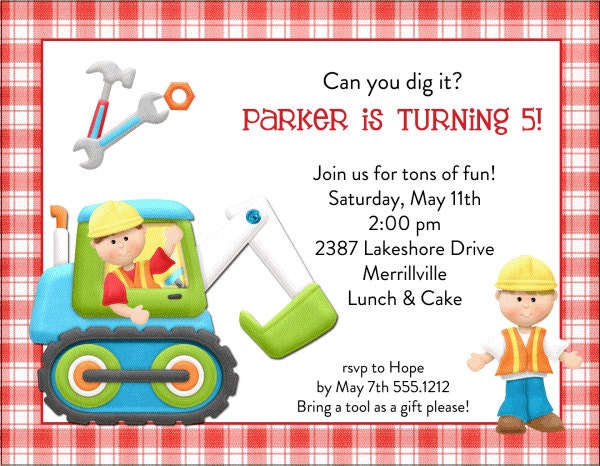 Kids Birthday Invitations-Construction Tools KBI385 DIY