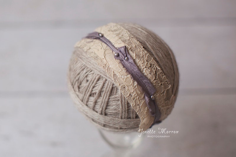 Vintage Lace & Navy Silk with Pearls Elastic Headband Photography Prop