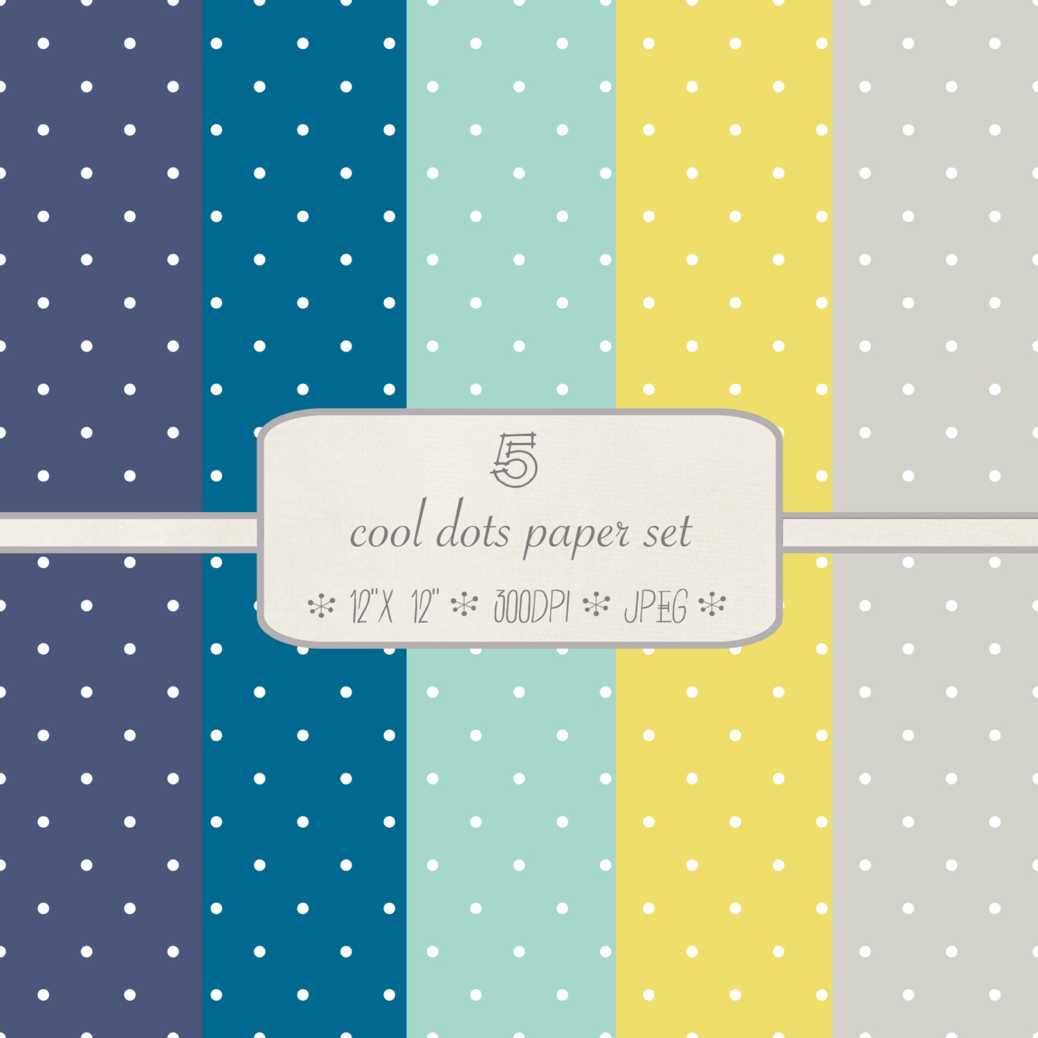Digital Scrapbook Paper Pack // Cool Polka Dots // Blue, Yellow, Green and Gray // jpeg files // 300 DPI // Instant Download Il_570xn