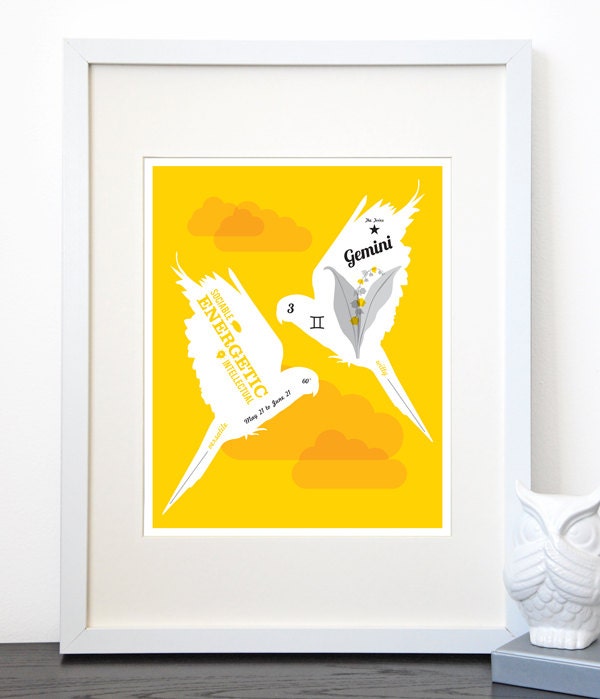 Gemini Zodiac print in Yellow or Light Blue, 8 x 10, horoscope, Gemini traits, symbol, element, flower, two birds