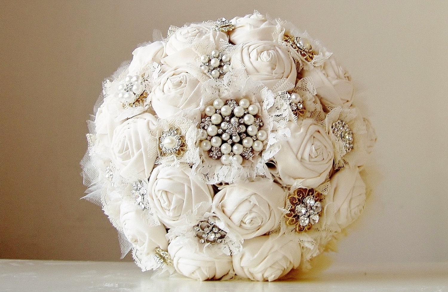 Fabric Flower Bouquet,  Vintage Style Wedding Bouquet, Handmade Fabric Bridal Bouquet, Brooch  Wedding Bouquet
