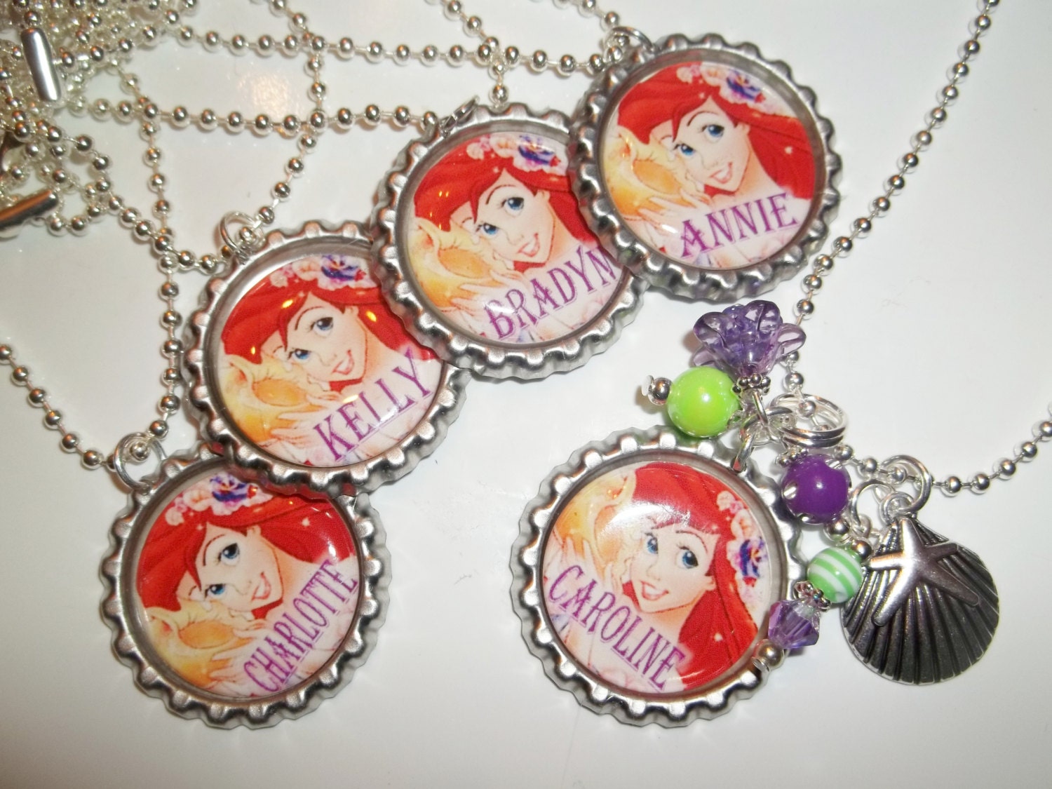 5 Personalized Ariel or character of choice Bottlecap Party Pack, The Little Mermaid Birthday Party Favors goodie bag necklaces jewelry