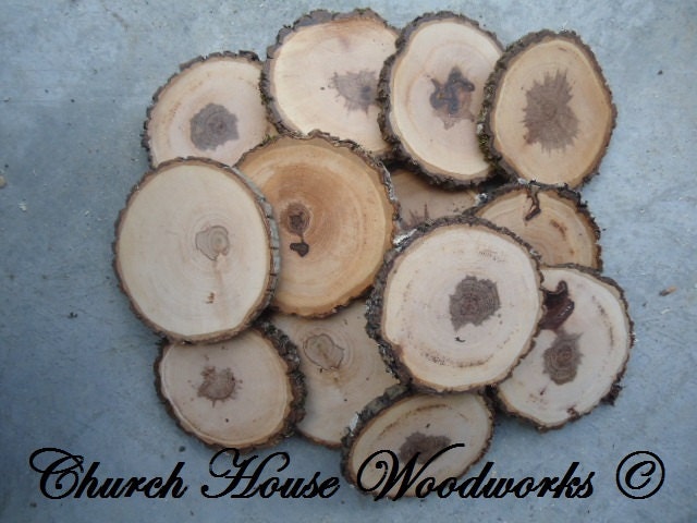 15 qty  3.5" - 4" hickory wood slices, rustic coasters, tree coasters, decoration,  rustic weddings, rustic wedding coasters