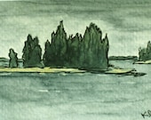 Maine Watercolor Painting of Boothbay Harbor, Maine. Seascape. Pen & ink ACEO. "Harbor Islands" Original Art by Kathleen Daughan.