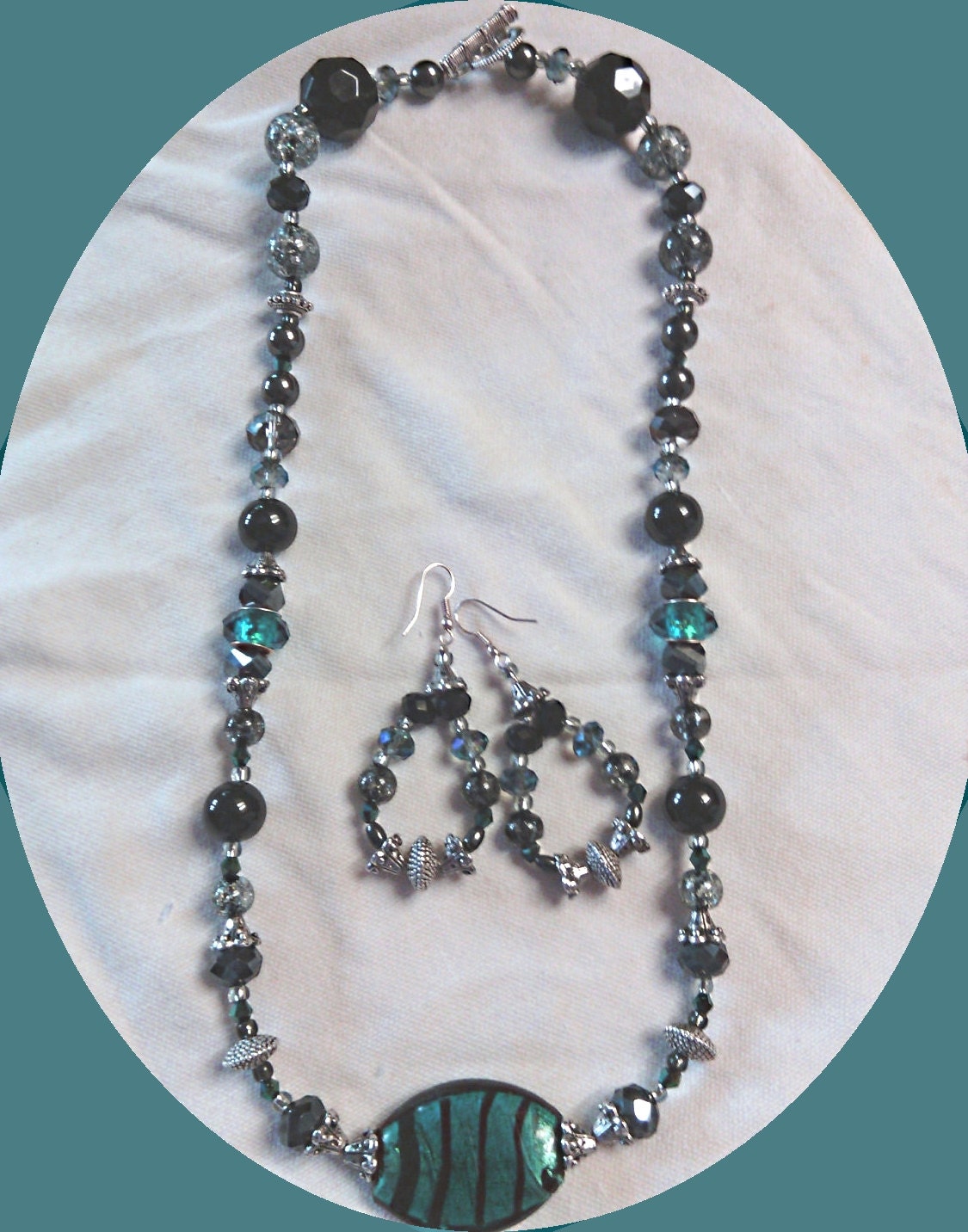 aqua lampwork &  hematite Necklace Earring set