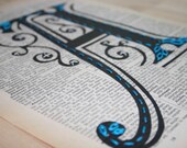 Hand Embroidered typography, Art Nouveau Monogram, Upcycled Dictionary Page Vintage Book Art, Hand Stitched Turquoise Initial, Swirly font